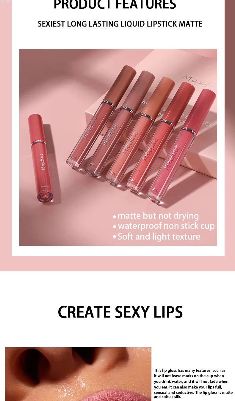 MAXFINE 6 Color Matte Lip Gloss Set Waterproof